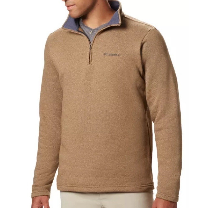 Columbia Mens Am1534 Quarter Zip Pullover Sweater Tan Brown Large Logo Fleece